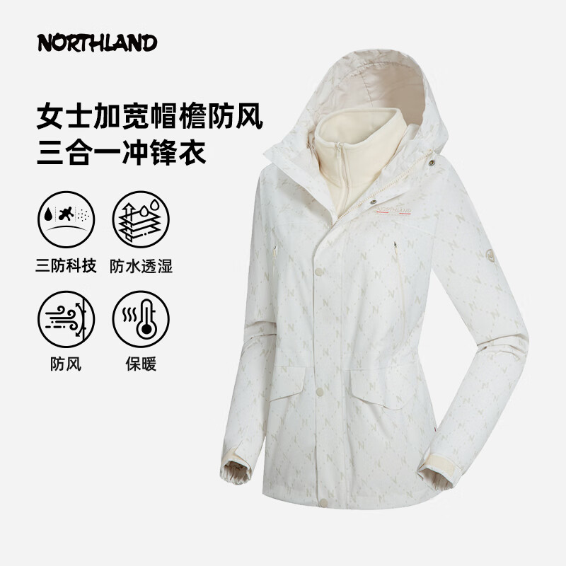 诺诗兰（NORTHLAND）抓绒三合一冲锋衣24秋冬女户外三防保暖徒步登山外套NWJET2610S 老花燕麦印花色